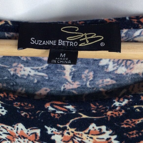 Suzanne Betro Shift Dress Womens Medium Navy Blue Floral Ruffle Hem - Picture 6 of 6